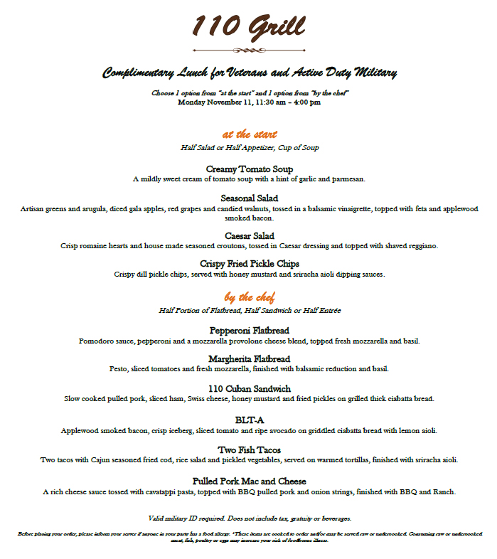 REVISED 110 Grill Complimentary Menu Veterans Day