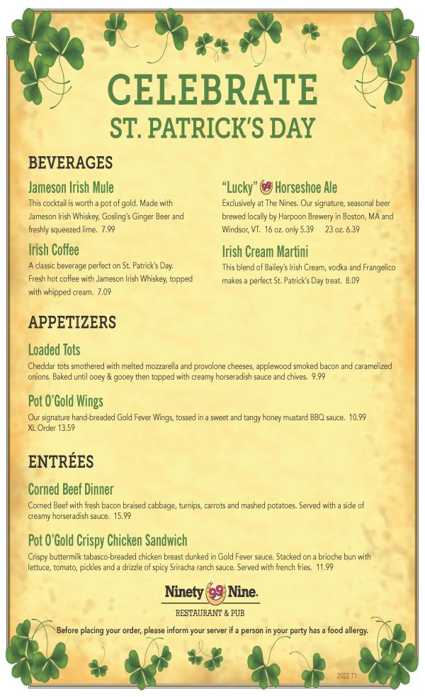 St. Patrick's Day menu at restaurant inside shopping mall.