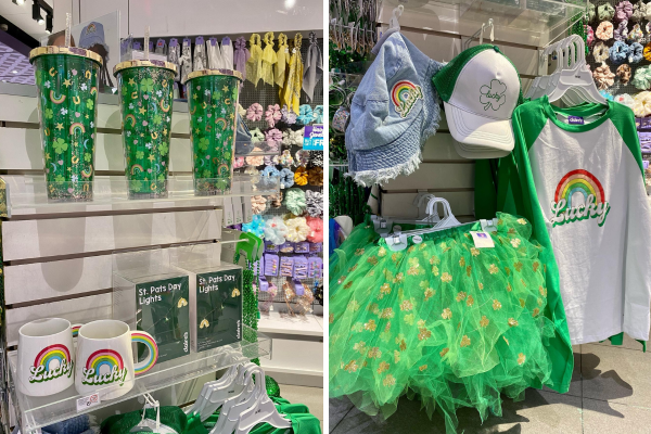 Claires SPD 1 St. Patrick's Day fashion accessories on display at a boutique inside shopping mall.