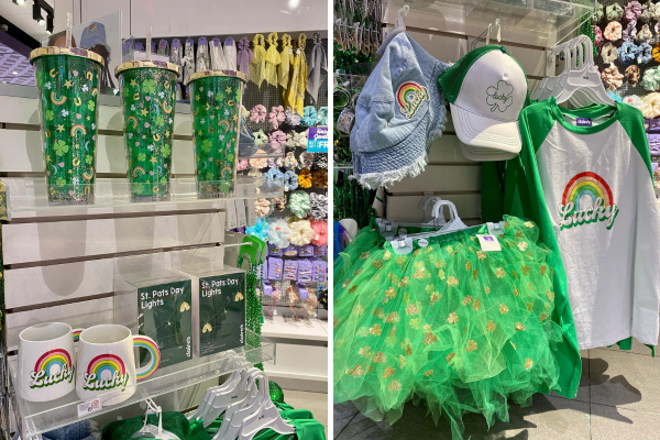 St. Patrick's Day fashion accessories on display at a boutique inside shopping mall.