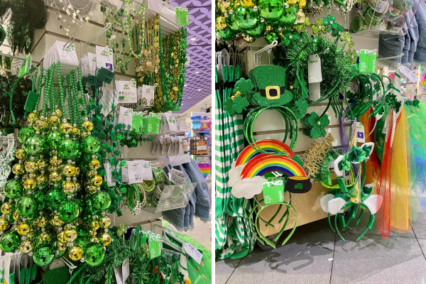 Claires SPD 2 St. Patrick's Day fashion accessories on display at a boutique inside shopping mall.