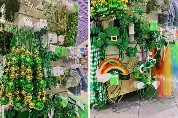 St. Patrick's Day fashion accessories on display at a boutique inside shopping mall.