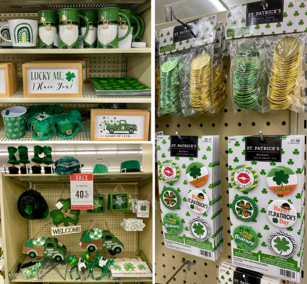 St. Patrick's Day home accessories at hobby and craft store inside shopping mall.