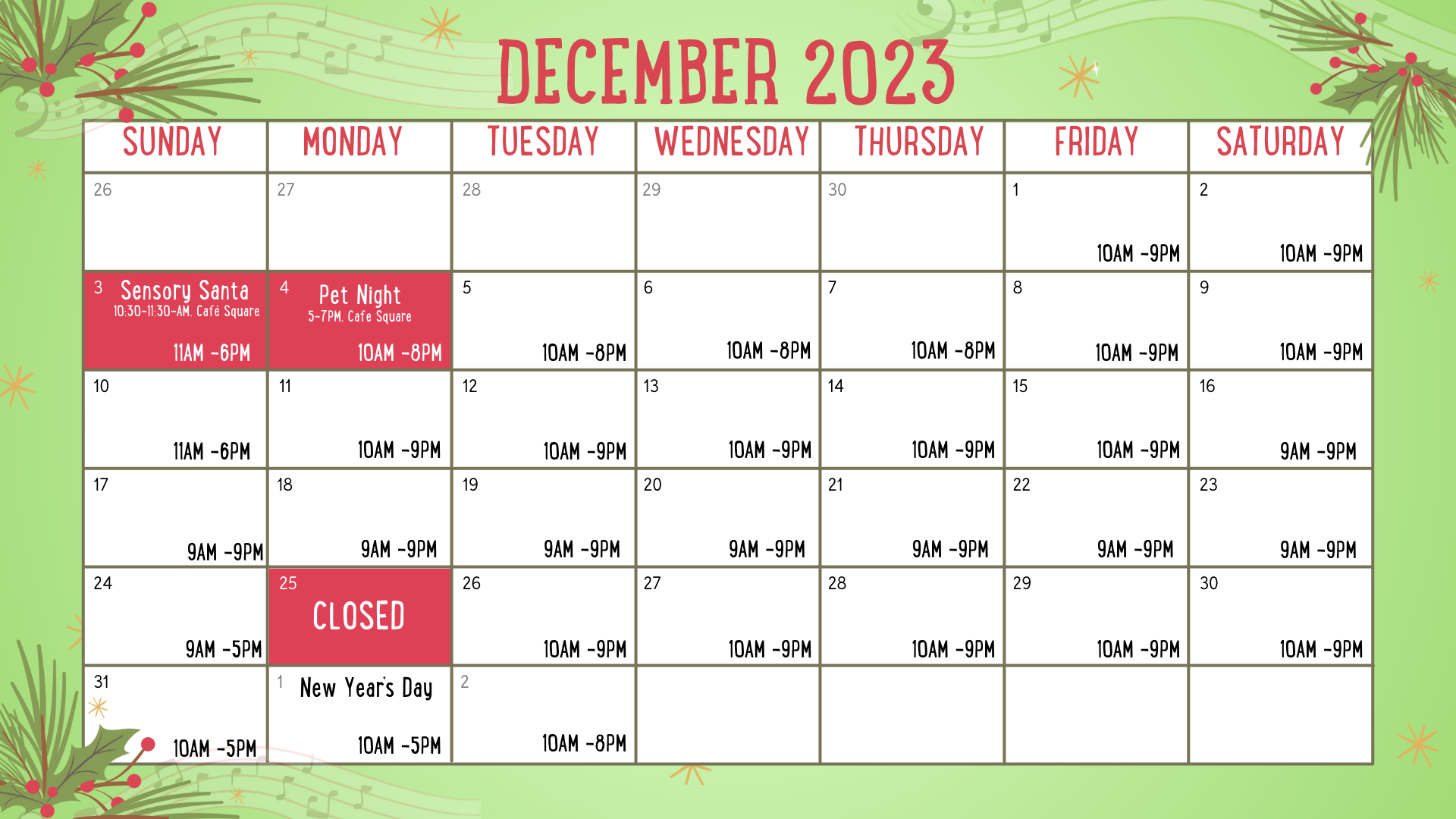 2023 Holyoke Mall Holiday Calendar December