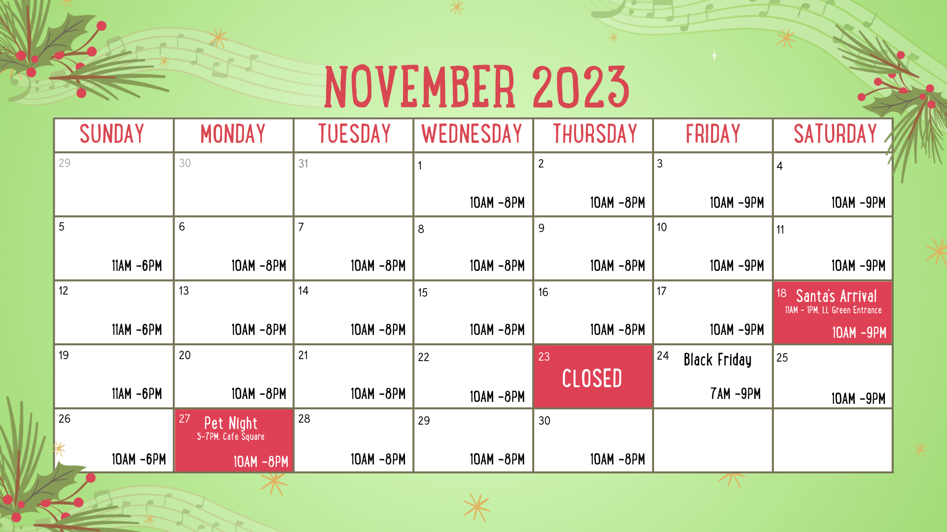 2023 Holyoke Mall Holiday Calendar November